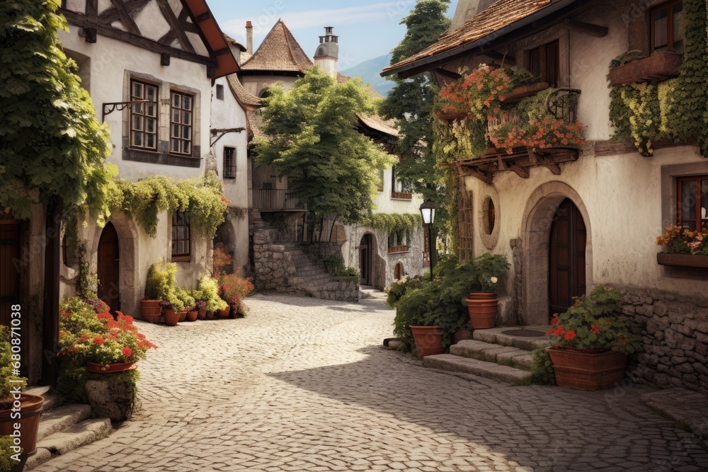 A charming European village with cobblestone streets and charming architecture. 