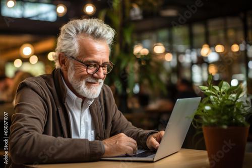 senior man in glasses sitting in cafe and working at laptop