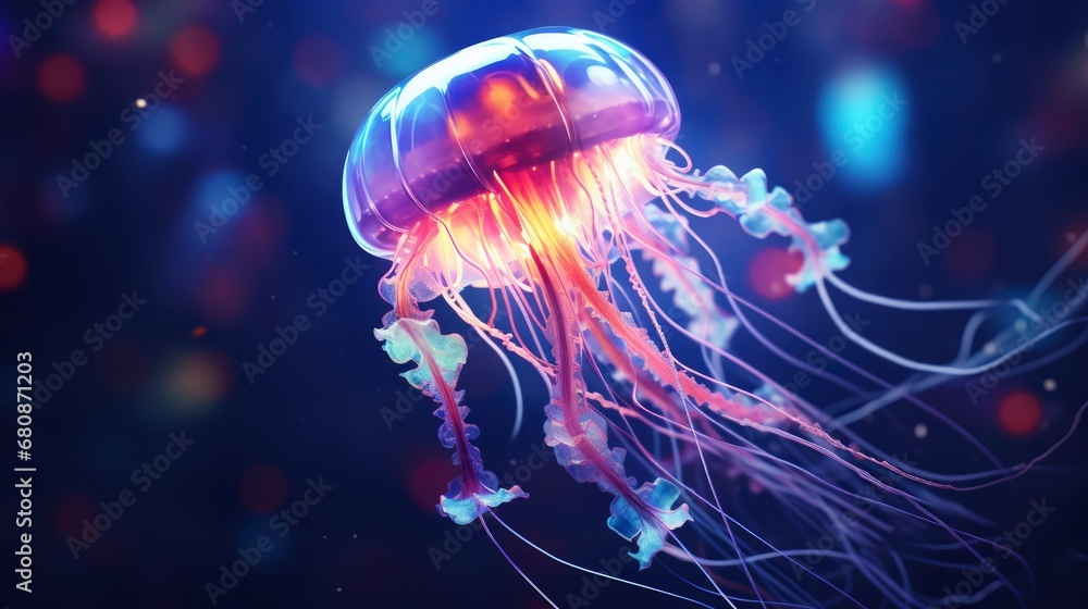 Bioluminescent Jellyfish Embodying a Rave Vibe with Bokeh Effect. Bioluminescent Jellyfish Embodying a Rave Vibe with Bokeh Effect.
