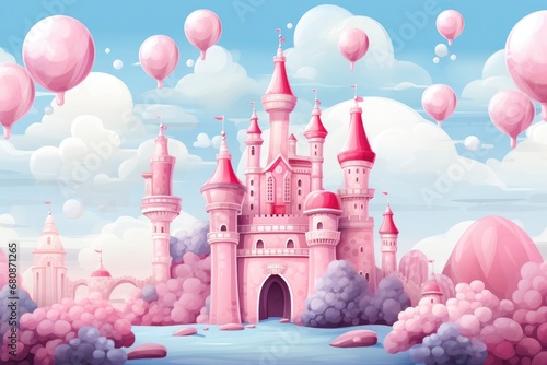 Cute pattern background, beautiful colors, sweet castle.