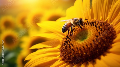Honeybee at Work. Collecting Pollen on a Sunflower.