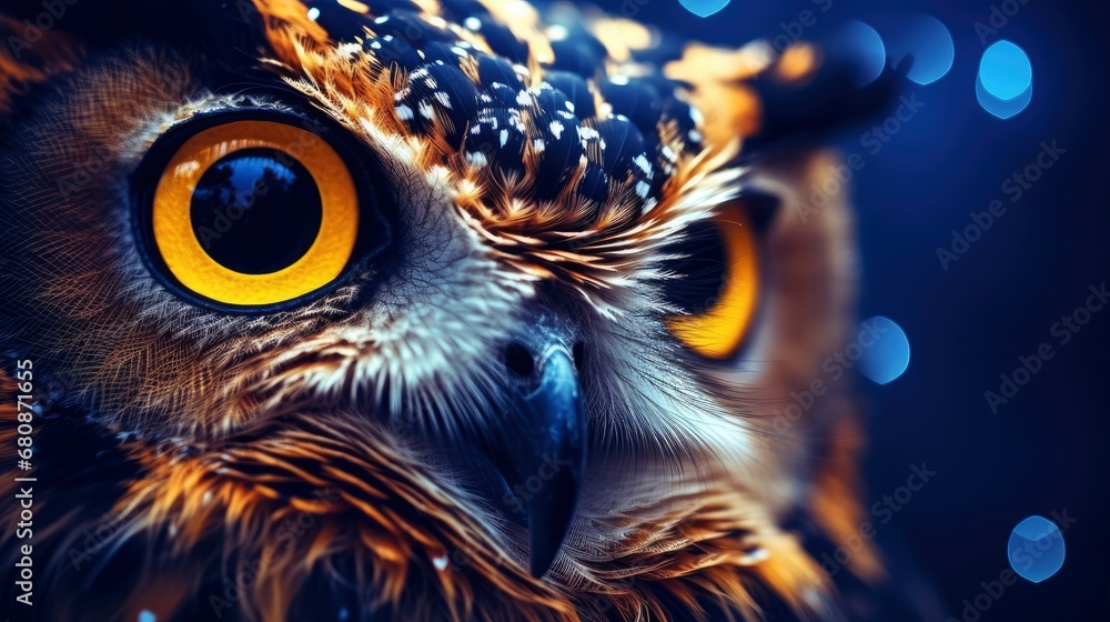 Owl's Piercing Gaze in the Night Dark Blue and Amber Light with Blue Bokeh Background. Owl's Piercing Gaze in the Night Dark Blue and Amber Light with Blue Bokeh Background.