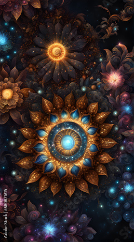 Colorful cosmic flowers that are highly detailed, beautiful, and sparkling. Fantasy wallpaper background.