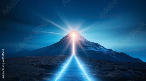 Glowing Path to Success. A Conceptual Light Trail Ascending a Mountain.
