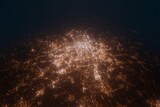 Aerial view on Prague (Czechia) from east. Top view on modern city at night from satellite