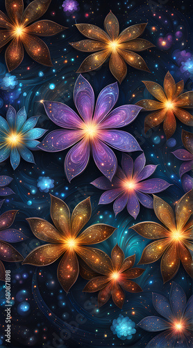 Colorful cosmic flowers that are highly detailed, beautiful, and sparkling. Fantasy wallpaper background.