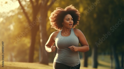 Photo of a young black woman jogging through the empty city park. Be alone with yourself during your morning run and recharge your batteries for the whole day. Keeping fit and fat burning concept. photo