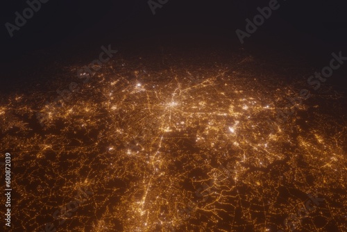 Aerial view on Charlotte (USA) from west. Satellite view on modern city at night