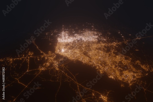 Aerial view on Lahore (Pakistan) from west. Top view on modern city at night from satellite