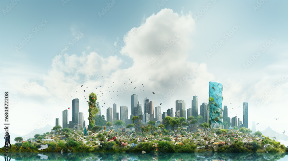 View of big city full with plastic waste, concept of plastic effected on environment and future life, Environmental Disaster: Plastic Pollution Impact on City Life.