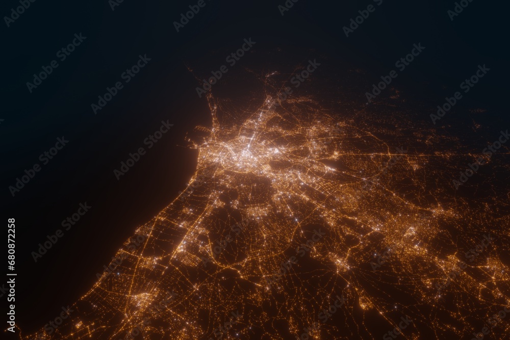 Aerial view on Valencia (Spain) from north. Top view on modern city at night from satellite