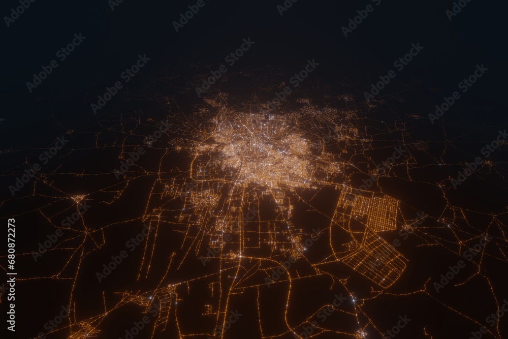 Aerial view on Aleppo (Syria) from east. Top view on modern city at night from space Aerial view on Aleppo (Syria) from east. Top view on modern city at night from space