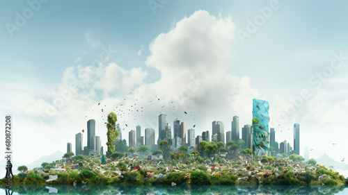 View of big city full with plastic waste  concept of plastic effected on environment and future life  Environmental Disaster  Plastic Pollution Impact on City Life.