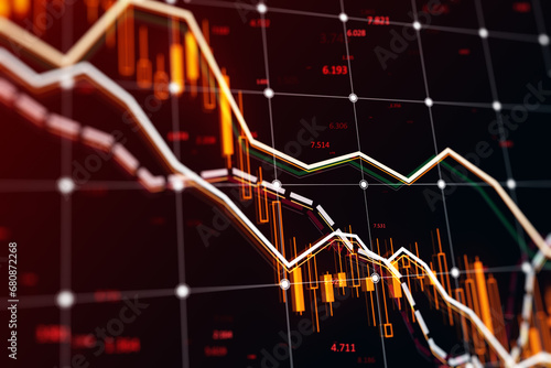 Illuminated stock market graphics on dark background indicating economic downturn. 3D Rendering photo