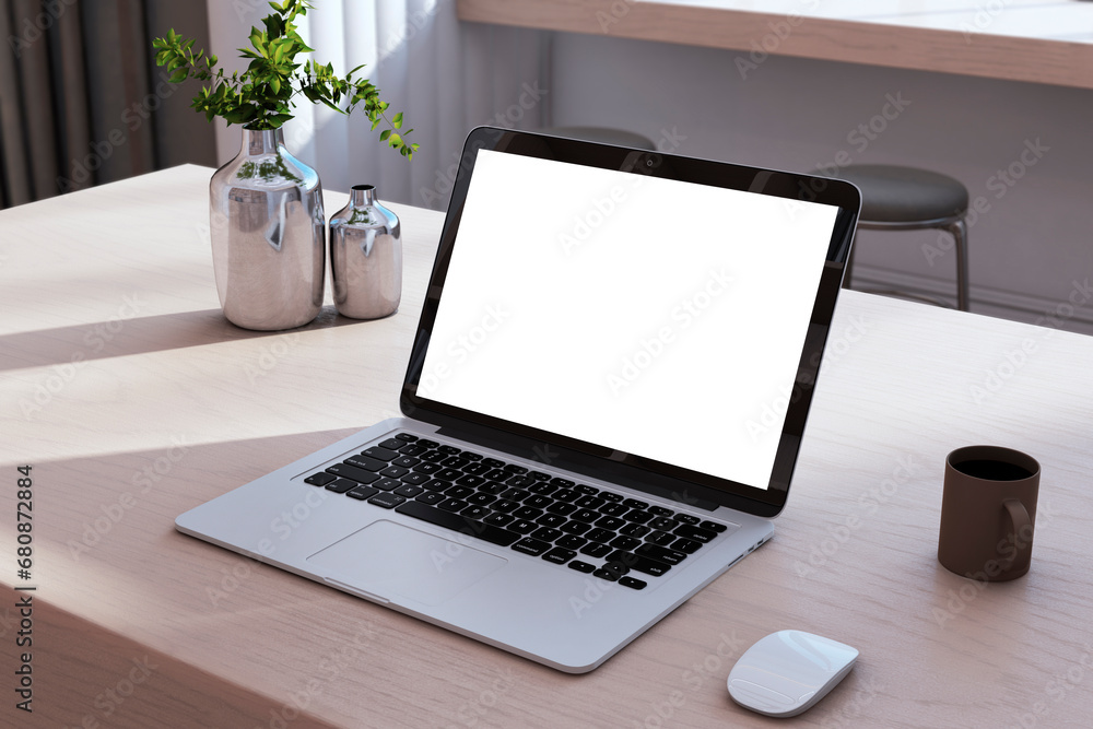 Fototapeta premium Close u of creative designer desktop with empty white mock up laptop computer screen, coffee cup, other items. 3D Rendering.