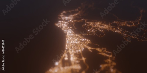 Street lights map of Mascat (Oman) with tilt-shift effect, view from west. Imitation of macro shot with blurred background. 3d render, selective focus photo
