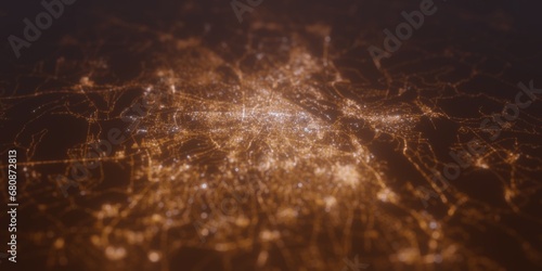 Street lights map of Damascus (Syria) with tilt-shift effect, view from east. Imitation of macro shot with blurred background. 3d render, selective focus