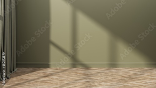 Empty room with parquet on the floor -3D render.Interior design in stylish rich colors. Minimalistic interior space with stylish, simple furniture. Free wall concept for posters, posters, advertising.