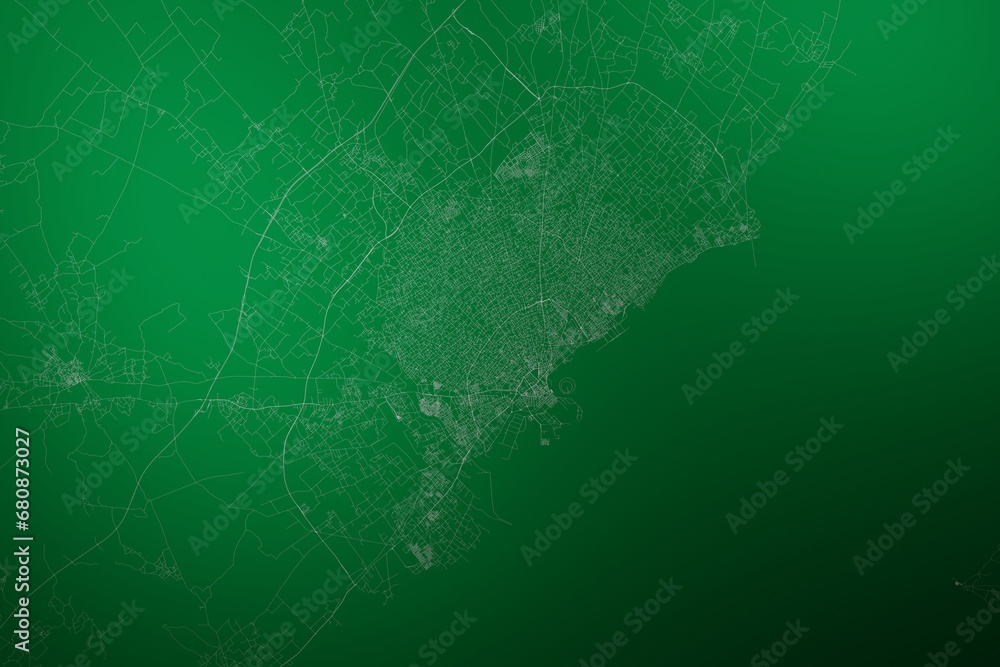 Map of the streets of Sfax (Tunisia) made with white lines on abstract green background lit by two lights. Top view. 3d render, illustration