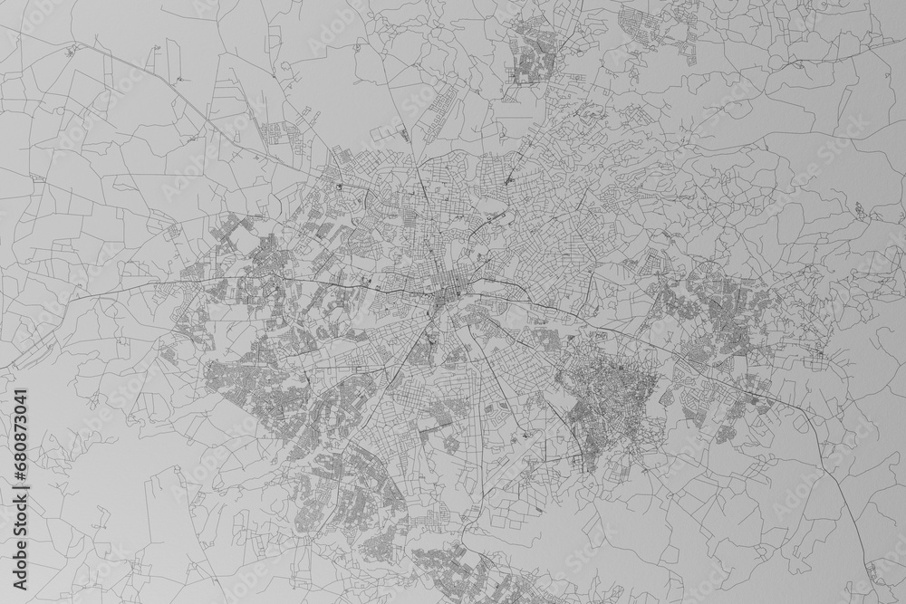 Map of the streets of Harare (Zimbabwe) made with black lines on grey paper. Top view. 3d render, illustration