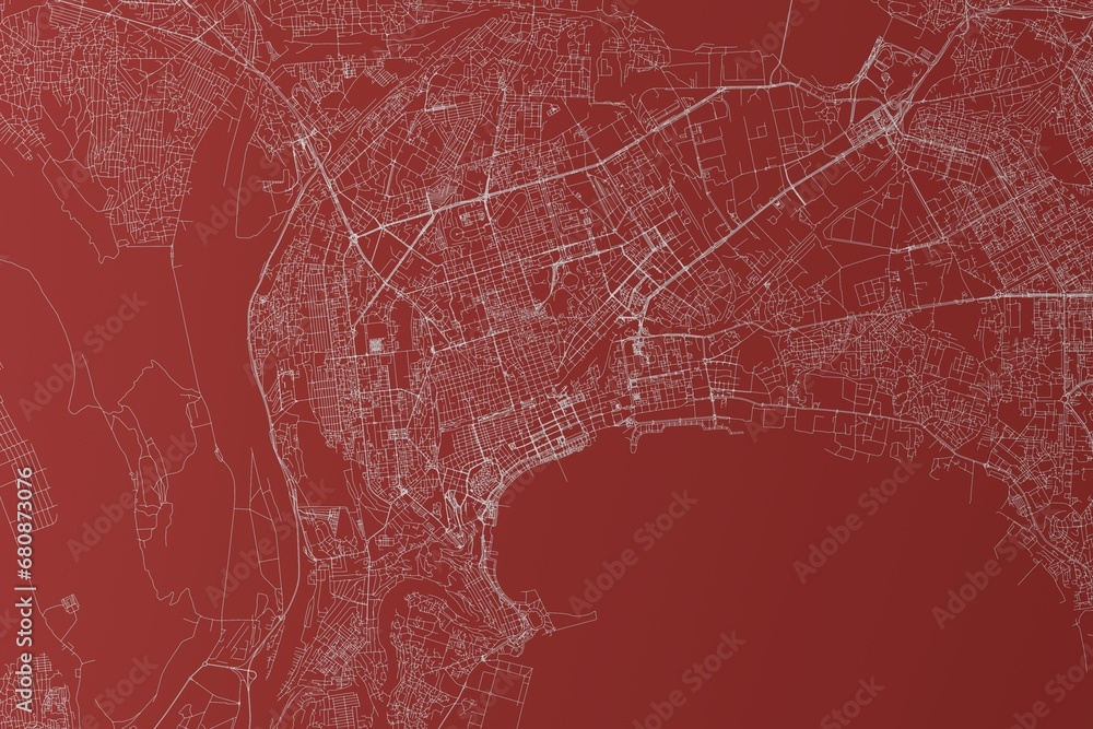 Map of the streets of Baku (Azerbaijan) made with white lines on red background. Top view. 3d render, illustration - obrazy, fototapety, plakaty 