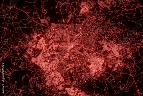 Street map of Harare (Zimbabwe) made with red illumination and glow effect. Top view on roads network. 3d render, illustration