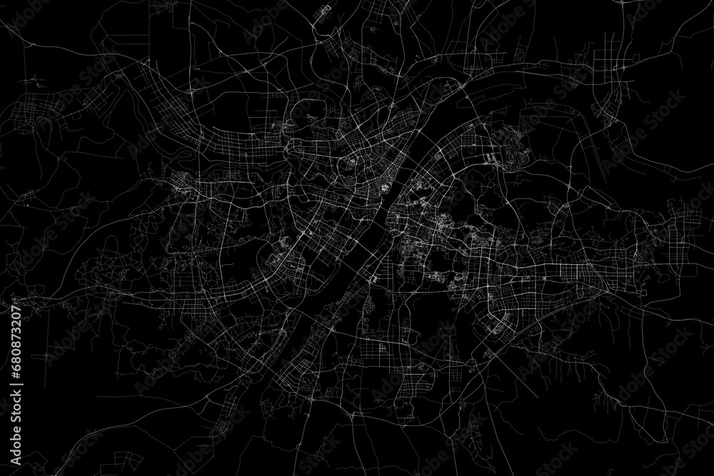 Stylized map of the streets of Wuhan (China) made with white lines on black background. Top view. 3d render, illustration Stylized map of the streets of Wuhan (China) made with white lines on black background. Top view. 3d render, illustration
