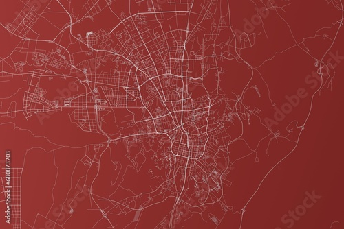 Map of the streets of Urumqi (China) made with white lines on red background. Top view. 3d render, illustration