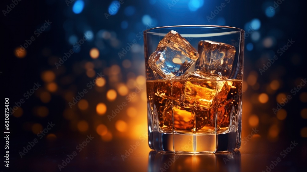 A glass of Whiskey with Ice Illuminated Against a Bokeh Background at night. A glass of Whiskey with Ice Illuminated Against a Bokeh Background at night.