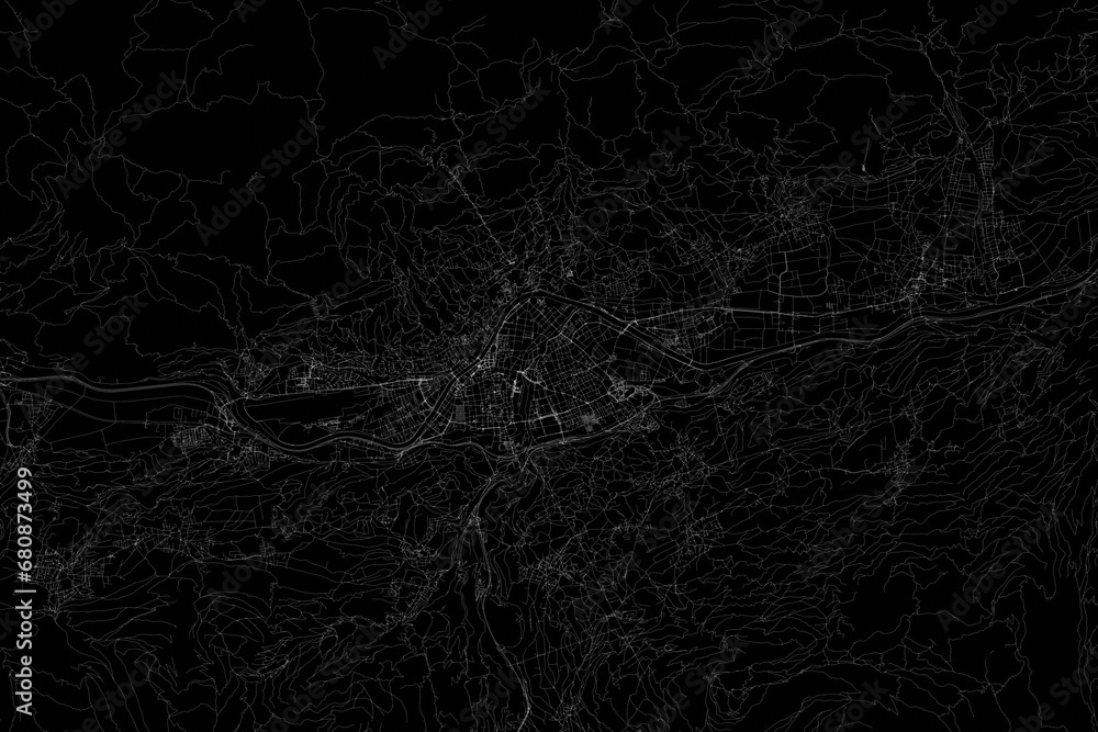 Stylized map of the streets of Innsbruck (Austria) made with white lines on black background. Top view. 3d render, illustration Stylized map of the streets of Innsbruck (Austria) made with white lines on black background. Top view. 3d render, illustration