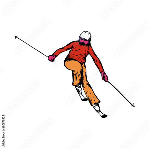 Vector illustration of Ski rider isolated on white background. Winter holiday - skier. Black ink hand drawn line sketch style.