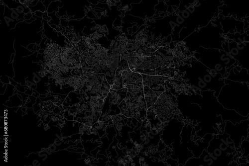 Stylized map of the streets of Tegucigalpa (Honduras) made with white lines on black background. Top view. 3d render, illustration