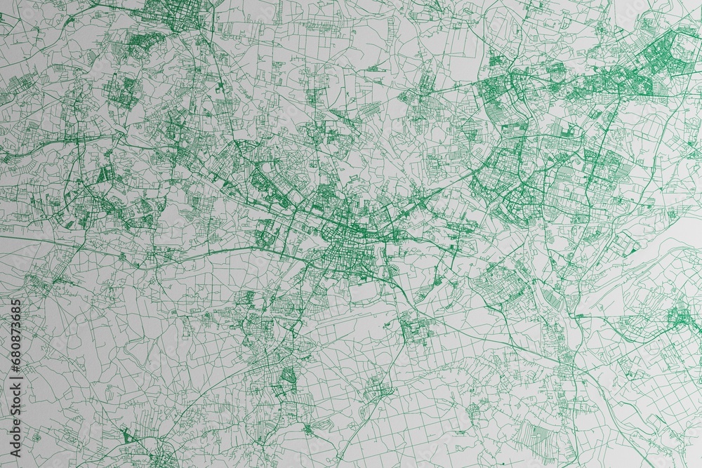 Map of the streets of Katowice (Poland) made with green lines on white paper. 3d render, illustration