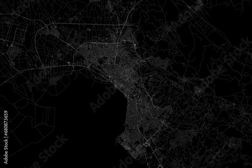Stylized map of the streets of Thessaloniki (Greece) made with white lines on black background. Top view. 3d render, illustration