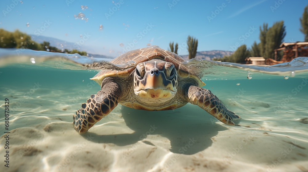 Obraz premium Hawaiian Green sea turtle swimming in the water with splashes of water. (Chelonia mydas) 