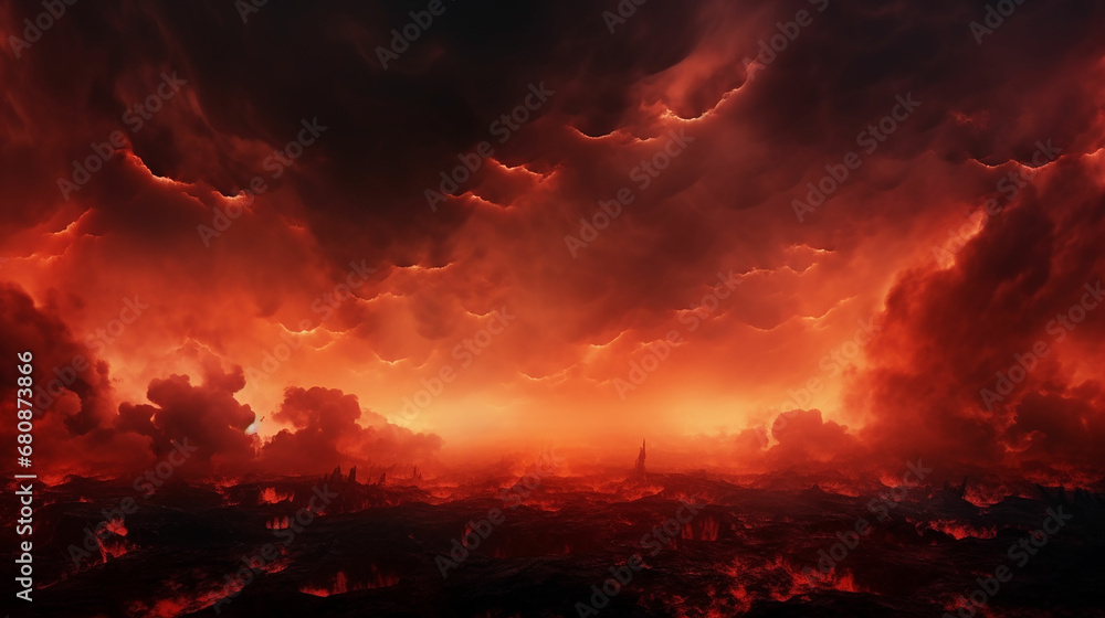 Fototapeta premium Black fiery red dramatic sky with clouds. Fire, war, explosion, catastrophe, flame. Horror concept. Web banner. Wide bloody red background with space for design. Panoramic. made with generative ai