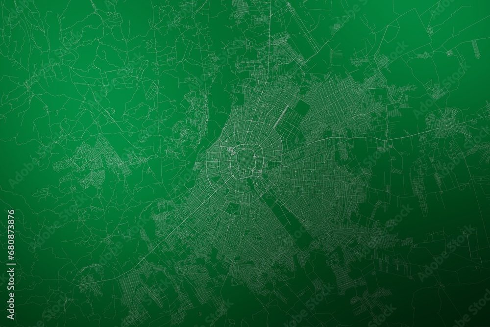 Map of the streets of Santa Cruz De La Sierra (Bolivia) made with white lines on abstract green background lit by two lights. Top view. 3d render, illustration - obrazy, fototapety, plakaty 
