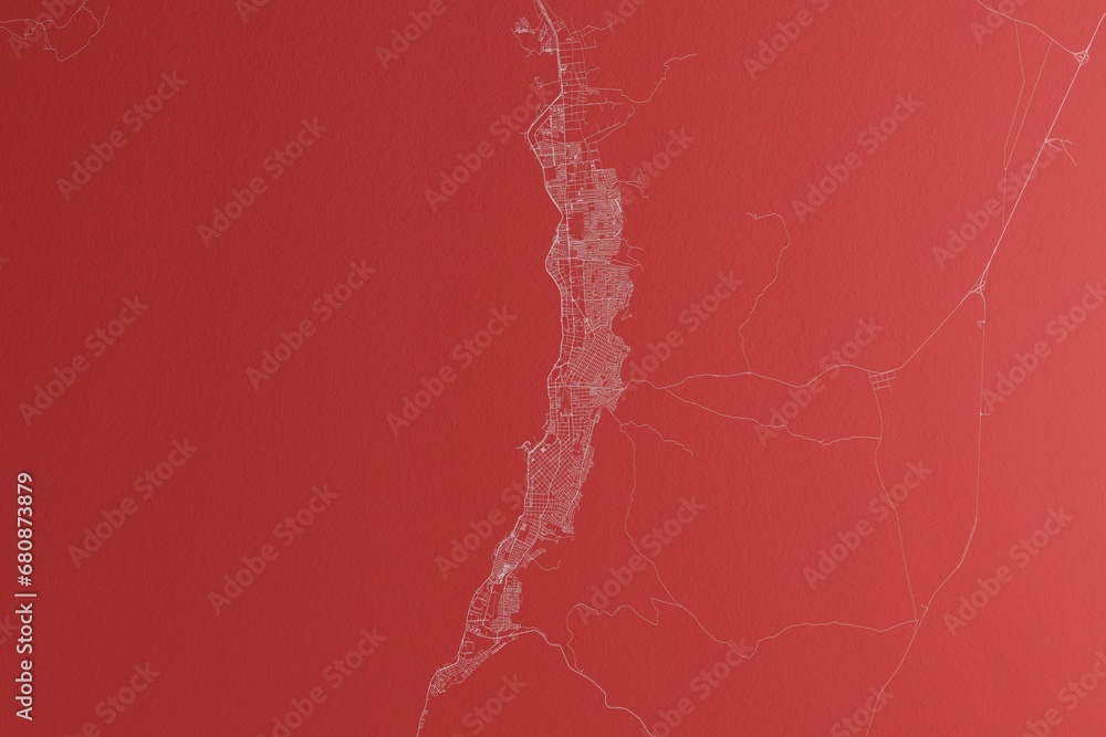 Map of the streets of Antofagasta (Chile) made with white lines on red paper. Top view, rough background. 3d render, illustration