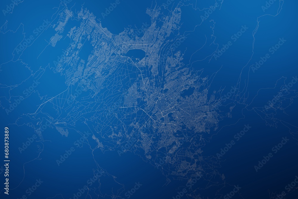 Stylized map of the streets of Arequipa (Peru) made with white lines on abstract blue background lit by two lights. Top view. 3d render, illustration - obrazy, fototapety, plakaty 