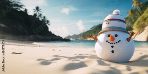 Close up of snowman on the beach. Sunny day  tropical island and sea  summer.