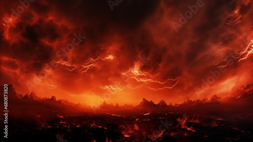 Black fiery red dramatic sky with clouds. Fire  war  explosion  catastrophe  flame. Horror concept. Web banner. Wide bloody red background with space for design. Panoramic. made with generative ai