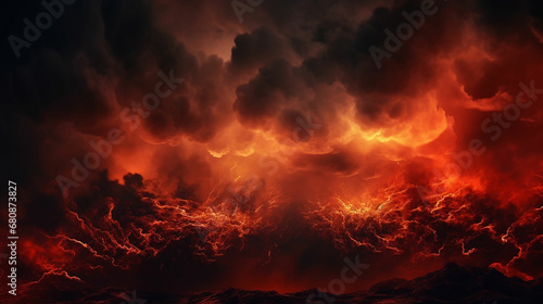 Black fiery red dramatic sky with clouds. Fire  war  explosion  catastrophe  flame. Horror concept. Web banner. Wide bloody red background with space for design. Panoramic. made with generative ai