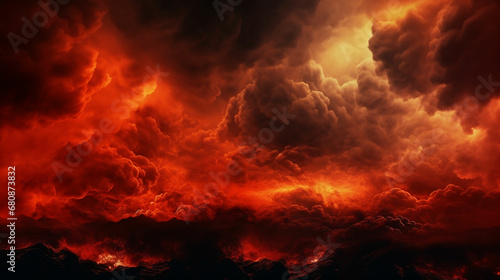 Black fiery red dramatic sky with clouds. Fire, war, explosion, catastrophe, flame. Horror concept. Web banner. Wide bloody red background with space for design. Panoramic. made with generative ai © Farid