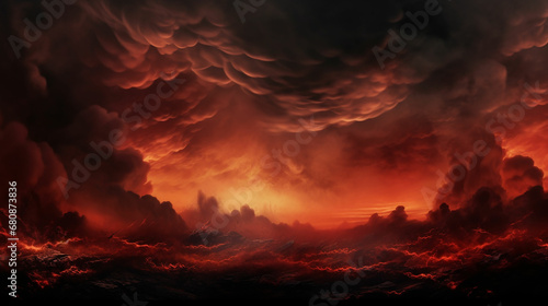 Black fiery red dramatic sky with clouds. Fire  war  explosion  catastrophe  flame. Horror concept. Web banner. Wide bloody red background with space for design. Panoramic. made with generative ai