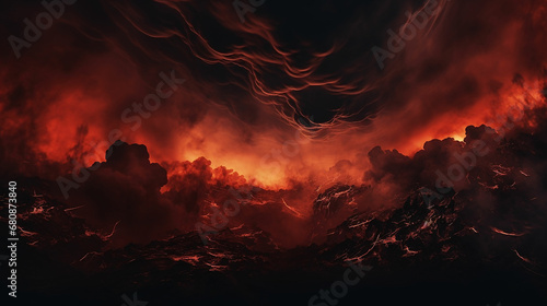 Black fiery red dramatic sky with clouds. Fire, war, explosion, catastrophe, flame. Horror concept. Web banner. Wide bloody red background with space for design. Panoramic. made with generative ai photo