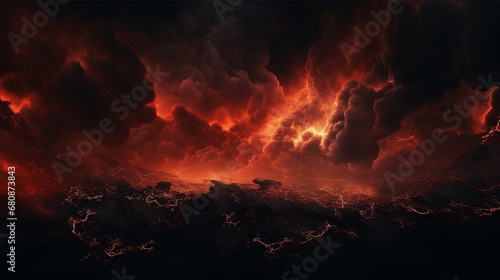 Black fiery red dramatic sky with clouds. Fire, war, explosion, catastrophe, flame. Horror concept. Web banner. Wide bloody red background with space for design. Panoramic. made with generative ai