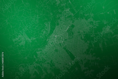 Map of the streets of Santa Cruz De La Sierra (Bolivia) made with white lines on abstract green background lit by two lights. Top view. 3d render, illustration