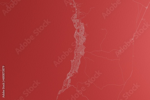Map of the streets of Antofagasta (Chile) made with white lines on red paper. Top view, rough background. 3d render, illustration