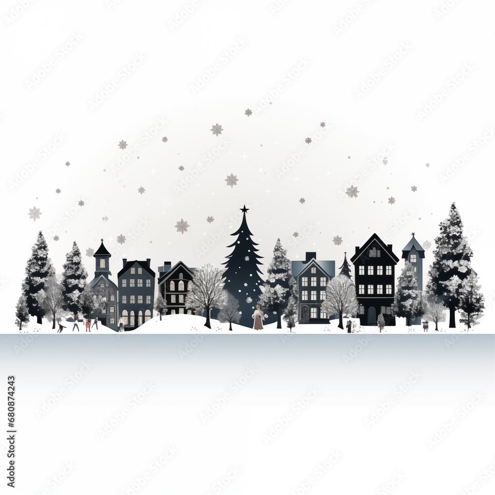 Christmas background with houses and snowflakes. Vector Illustration.