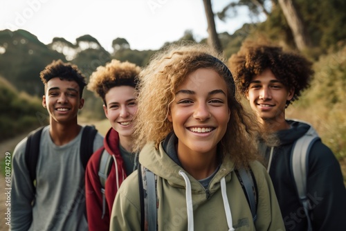Cheerful group of friends with backpacks for hike walking across forest exploring nature in sunny weather. Teenagers active lifestyle spending time together without using gadgets. Enjoying environment